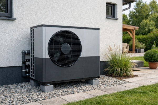Wärmepumpe, außen an einem Einfamilienhaus in Braunschweig