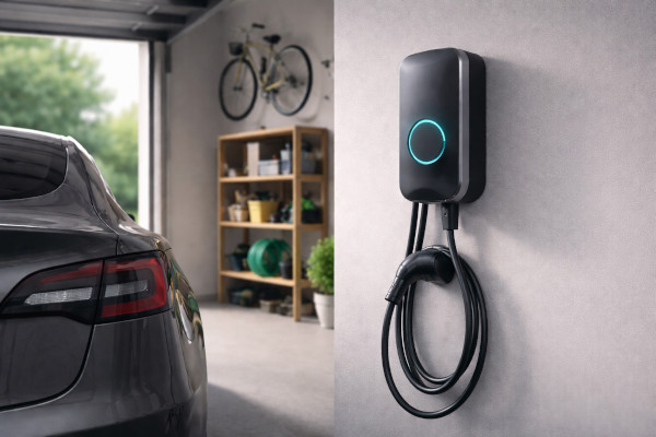 Auto steht in einer Garage in Braunschweig, eine Wallbox links an der Wand