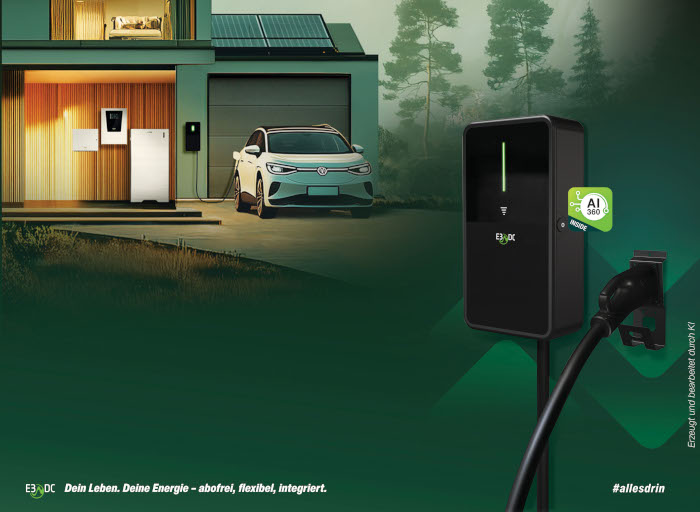 Moodbild zur Wallbox der Marke E3DC - Auto im Hintergrund lädt an Wallbox
