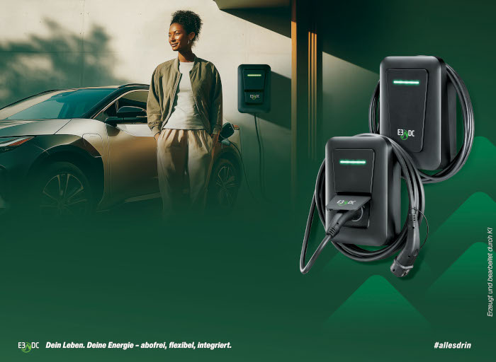 Moodbild zur Wallbox der Marke E3DC - Eine Frau steht vor einem Elektroauto